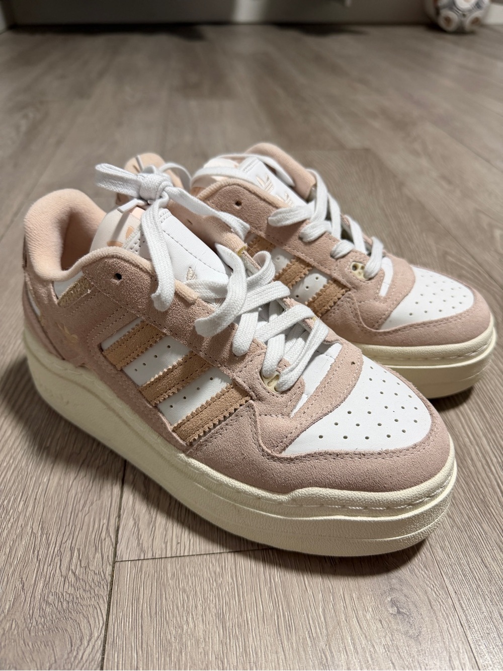 adidas Blush Pink and White Suede Platform Sneakers